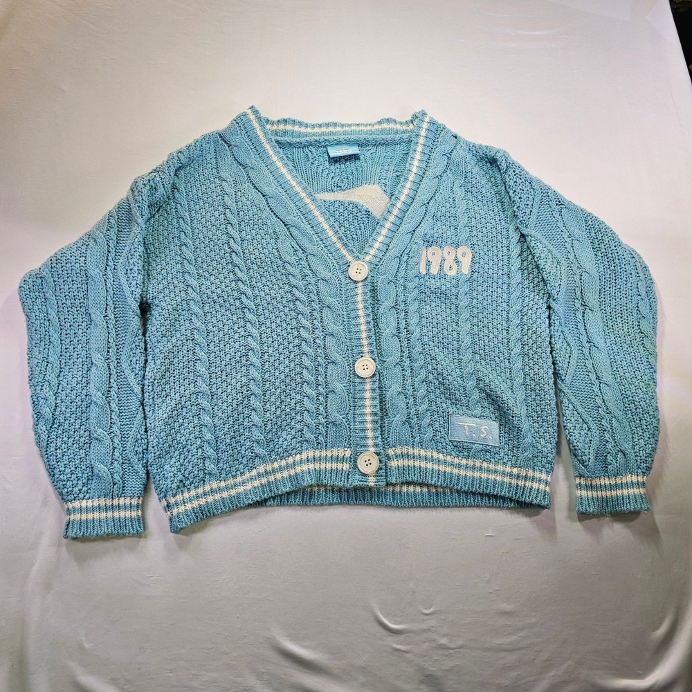 Taylor Swift 1989 Taylors Version Cardigan Light Blue Cable Knit Sweater L/XL